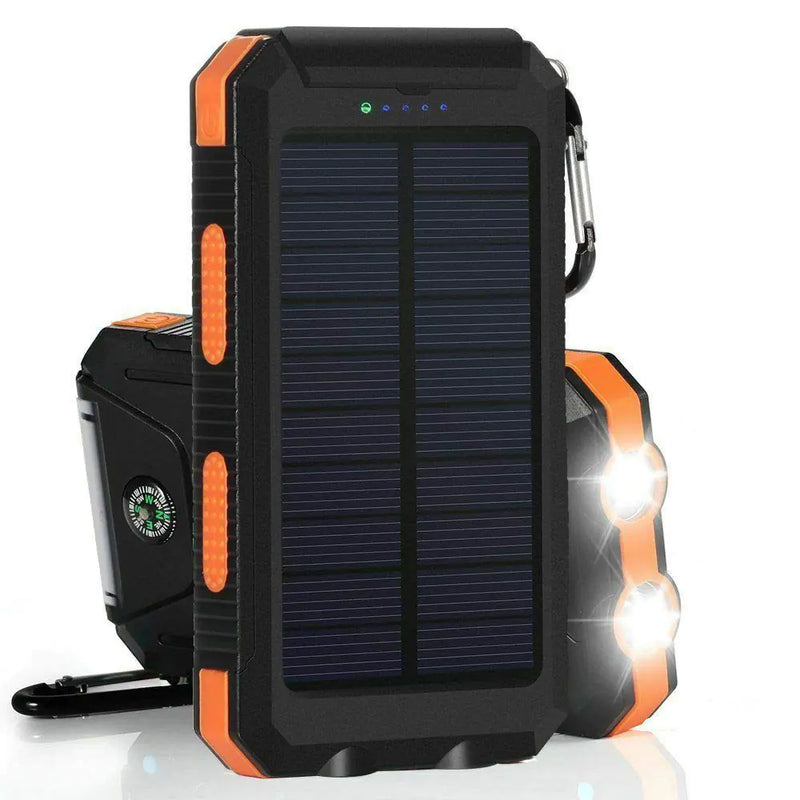 Solar Waterproof Power Bank Outdoor Portable Phone Charger External Battery Backup Dual QC 3.0 5V3.1A Fast USB and Flashlight Compass Solar Panel Charging for all Smartphones and Electronic Devices